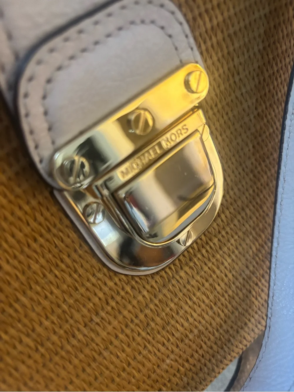 Michael Kors Tan Straw Satchel with White Trim and Gold Hardware